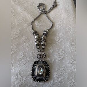 Elegant Silver Toned Cabochon Pendant Necklace Signed C1946 Statement Piece